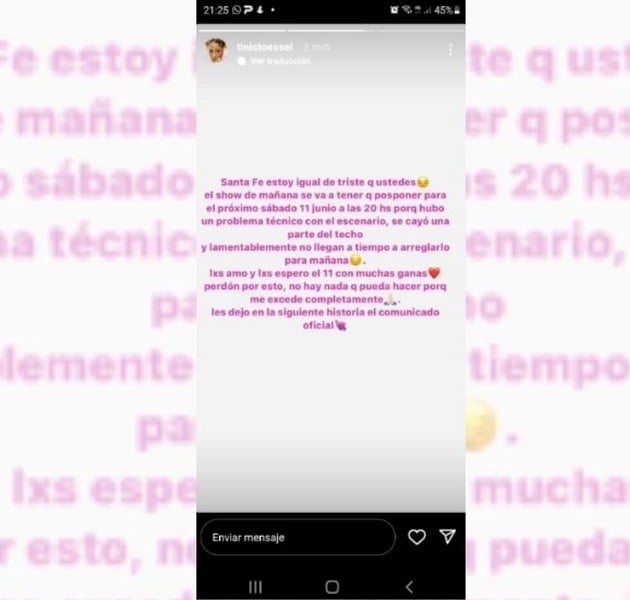 El comunicado de Tini. Foto: IG