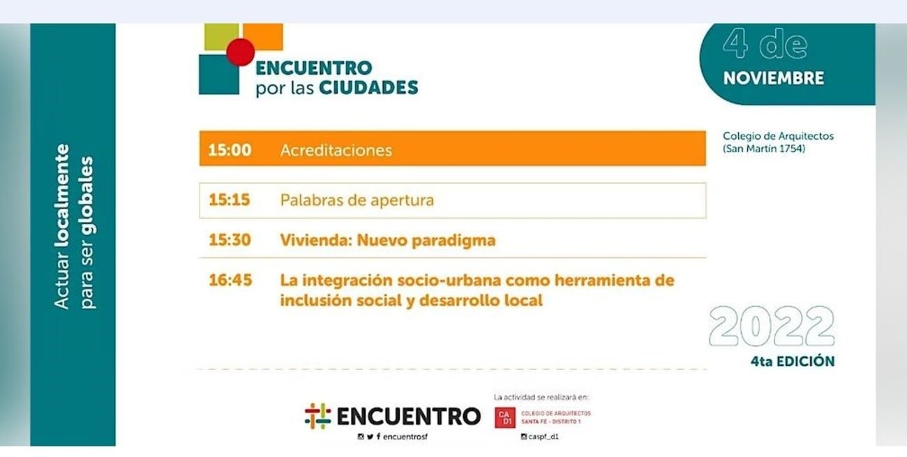 El espacio Encuentro invita a participar del cuarto Encuentro por las Ciudades que se desarrollará el 4 de noviembre en la sede del Colegio de Arquitectos (San Martín 1754). 