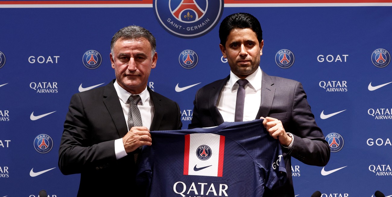 El entrenador Christophe Galtier junto al presidente Nasser Al-Khelaifi. Crédito: Benoit Tessier / Reuters