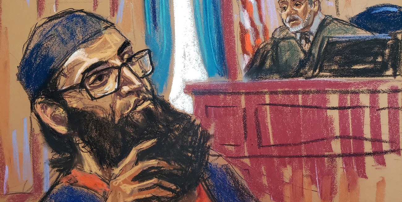 Ilustración de Sayfullo Saipov este 17 de mayo ante el juez federal de distrito Vernon Broderick en Nueva York. No hay fotografías. Crédito: Jane Rosenberg / Reuters