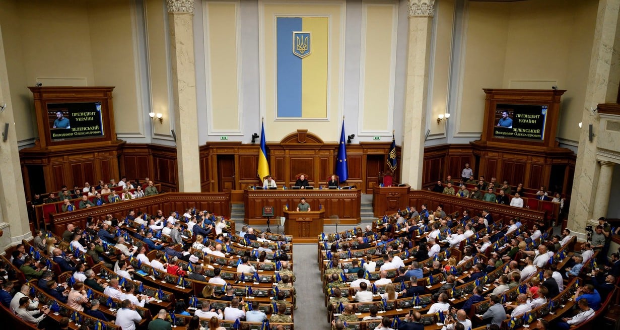 Volodymyr Zelenskiy este miércoles en el Parlamento. Crédito: Ukrainian Presidential Press Service
