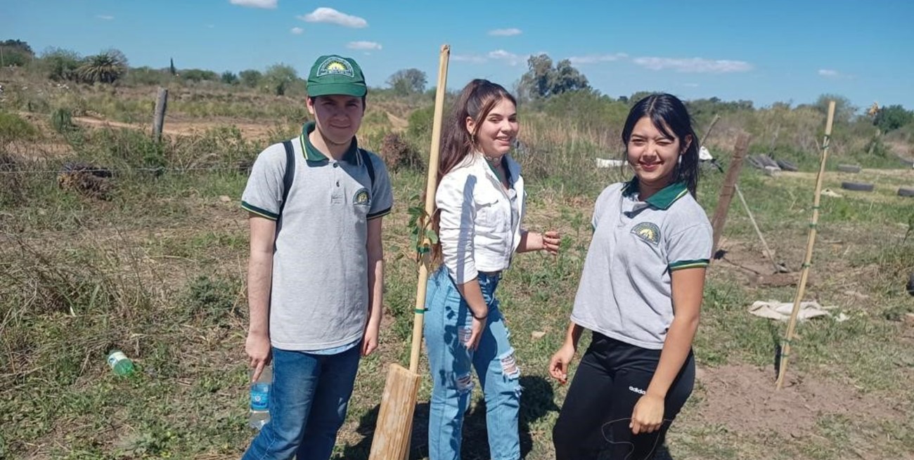 Los alumnos plantaron 30 árboles en el terreno de la Cooperativa Qom Alphi, frente al relleno sanitario de Santa Fe. Crédito. Gentileza escuela