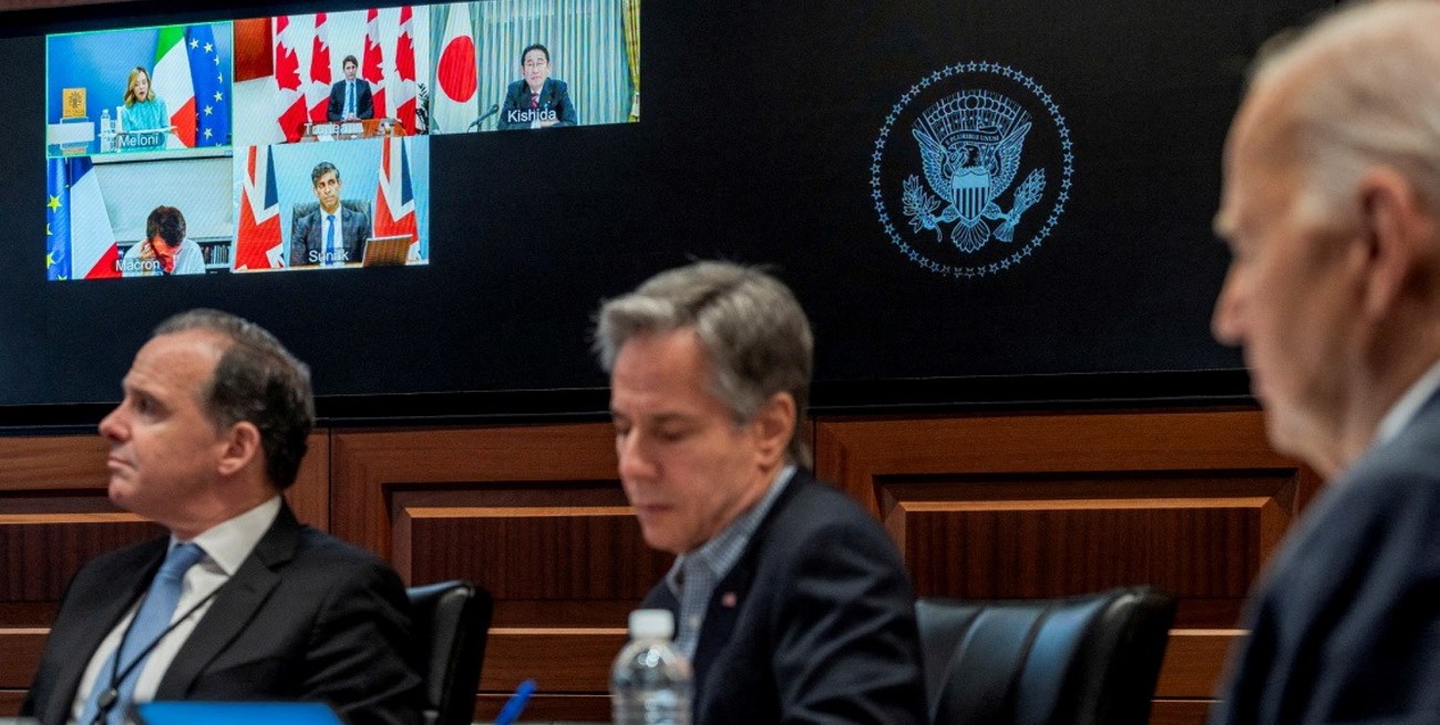 El presidente Biden y el secretario de Estado Antony Blinken en la reunión por videoconferencia con líderes del G7 para discutir el ataque iraní a Israel. Foto: Casa Blanca.