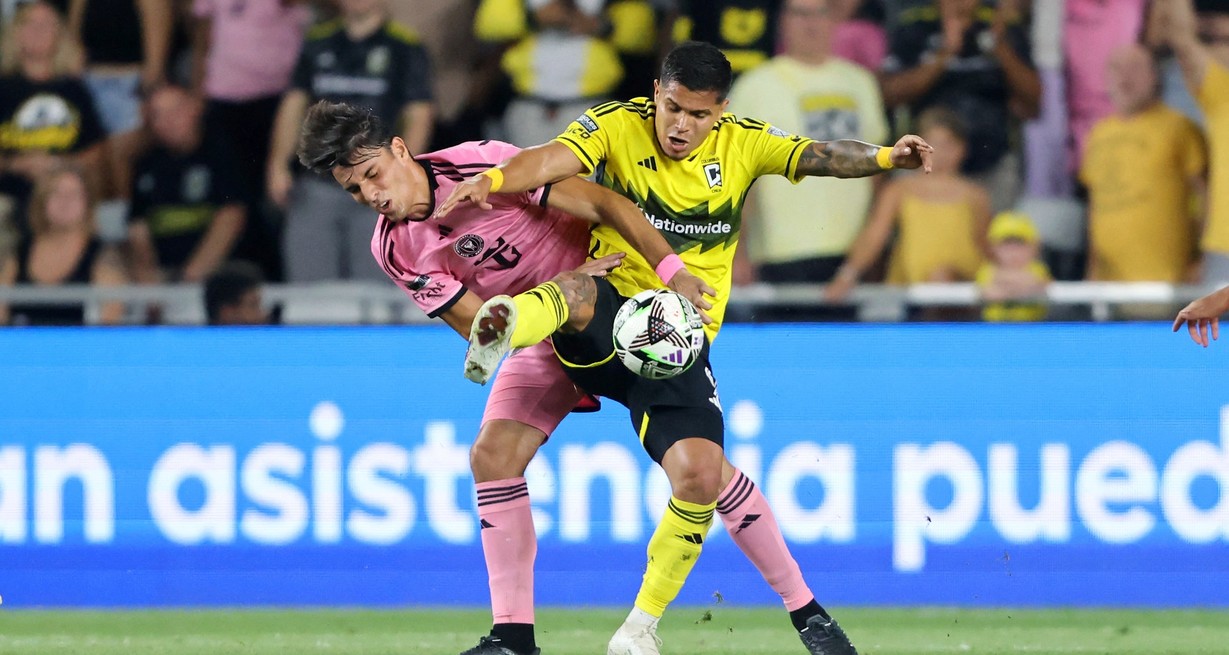 Aug 13, 2024; Columbus, Ohio, USA; Inter Miami CF midfielder Federico Redondo (55) fights for the ball with Columbus Crew forward Cucho Hernandez (9) during the second half at Lower.com. Mandatory Credit: Joseph Maiorana-USA TODAY Sports