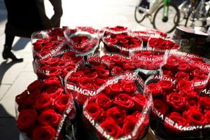 Red roses on sale are displayed at a flower seller ahead of Valentines Day in London, Britain, February 13, 2023. REUTERS/Peter Nicholls