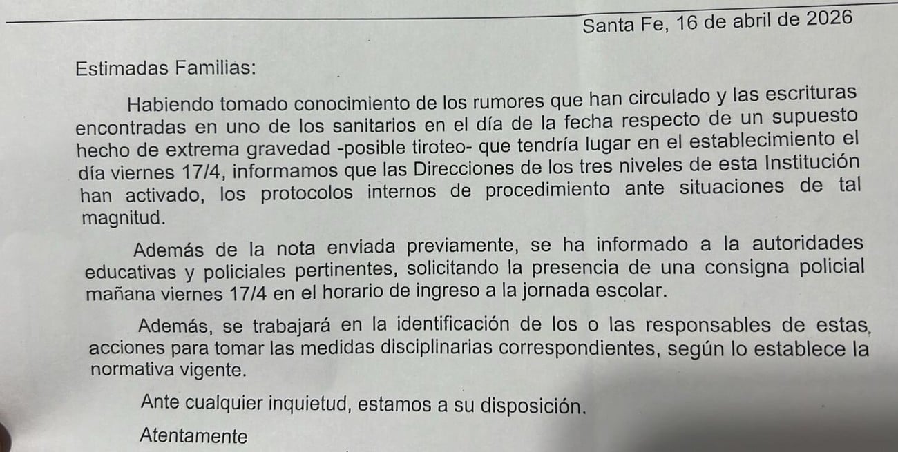 Nota enviada por uno de los colegios.
