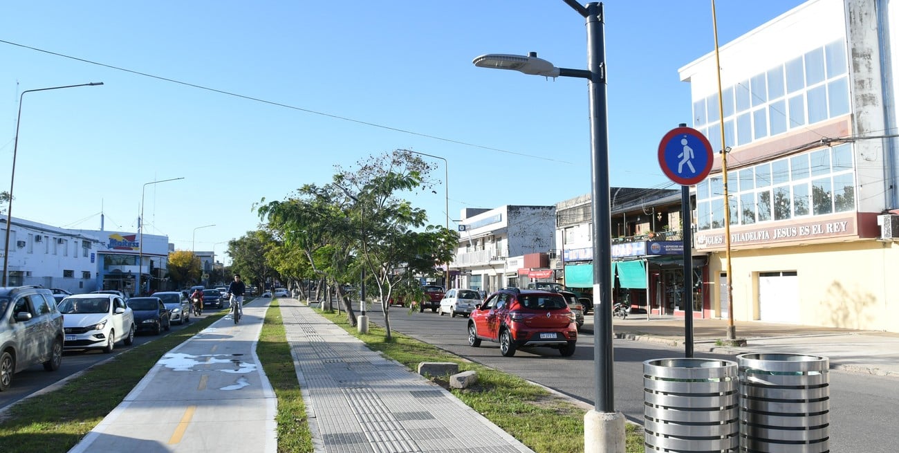 Cestos, columnas de iluminación y bancos completan la avenida que tiene una senda peatonal y otra de ciclistas. Foto: Manuel Fabatía