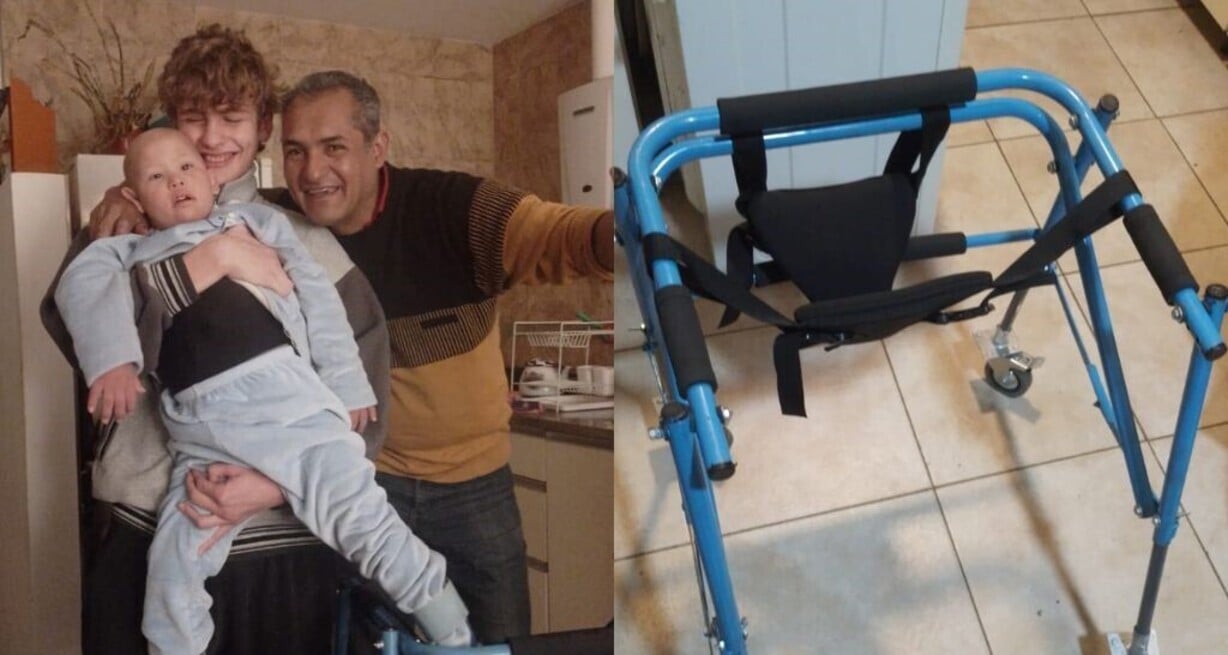 Bastian ya tiene su andador en casa. Se lo entregaron los propios alumnos y docentes. Foto: Gentileza