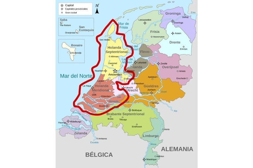 El territorio de los Países Bajos en color, con el sector de Holanda bordeado en rojo. Crédito: Wikipedia