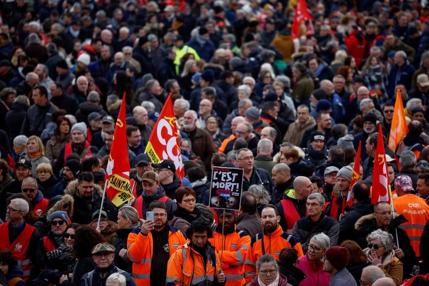 Protesters attend a demonstration against French government's pension reform plan in Saint-Nazaire, as part of the sixth day of national strike and protests, France, March 7, 2023. REUTERS/Stephane Mahe