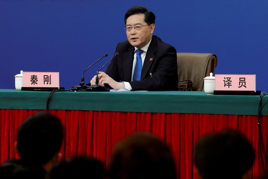 Chinese Foreign Minister Qin Gang attends a news conference on the sidelines of the National People's Congress (NPC) in Beijing, China March 7, 2023. REUTERS/Thomas Peter