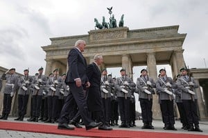 German President Frank-Walter Steinmeier and Britain's King Charles review the guard of honors, in Berlin, Germany, March 29, 2023. Michael Kappeler/Pool via REUTERS