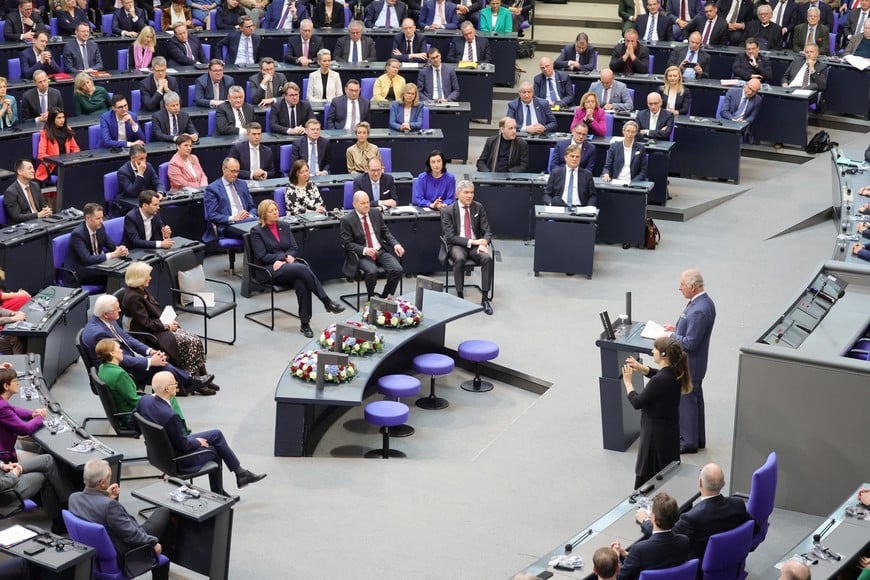 BERLIN, GERMANY - MARCH 30: King Charles III addresses members of the German Bundestag at the Reichstag Building on March 30, 2023 in Berlin, Germany. Chris Jackson/Pool via REUTERS