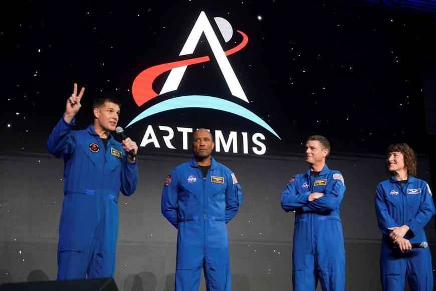 Astronauts Reid Wiseman, Victor Glover, Jeremy Hanson and Christina Koch, crew members of the Artemis II space mission to the moon and back, attend an NASA event in Houston, Texas, U.S., April 3, 2023. REUTERS/Go Nakamura