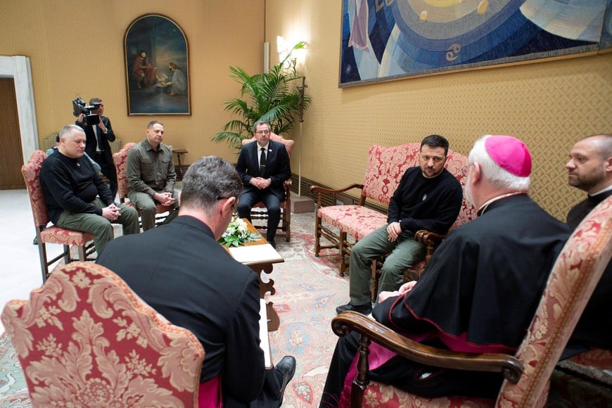 Paul Richard Gallagher, Vatican's Secretary for Relations, meets with Ukrainian President Volodymyr Zelenskiy, and other officials at the Vatican, May 13, 2023. Vatican Media/­Handout via REUTERS  ATTENTION EDITORS - THIS IMAGE WAS PROVIDED BY A THIRD PARTY.
