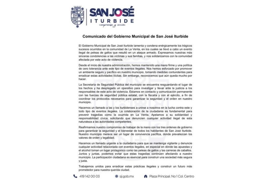 El comunicado del municipio de San José de Iturbide.