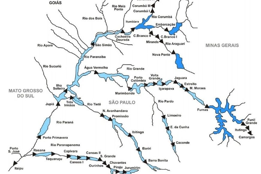 ELLITORAL_302405 |  Operar Nacional de Sistema Eléctrico (ONS) de Brasil Represas brasileras. Los triángulos negros marcan los embalses existentes en la Cuenca del Plata, al año 2012.