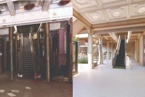 Planta baja. Imagen comparativa entre la situación actual del Ritz y según el trabajo de reutilización patrimonial.