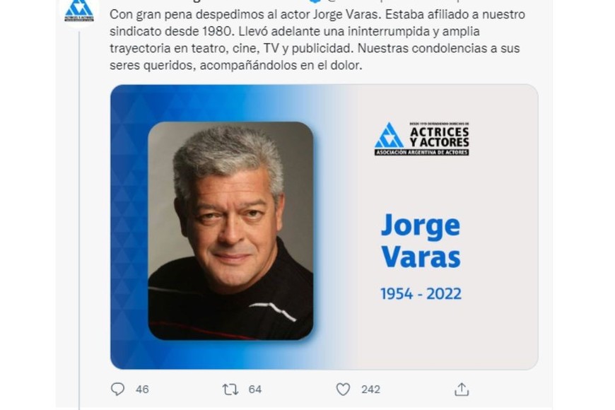 La noticia fue confirmada por la Asociación Argentina de Actores