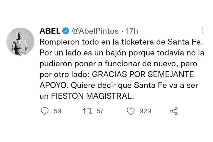 Tweet de Abel Pintos sobe sus ventas en Santa Fe