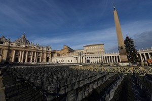 Chairs are laid outside St. Peter's Basilica in preperation for former Pope Benedict's funeral, while the former Pope's body lies in state at the Basilica, at the Vatican January 4, 2023. REUTERS/Kai Pfaffenbach
