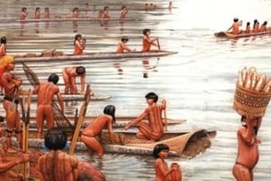 "Representación de los indios payaguaes del Chaco". Con sus flotillas de hasta sesenta canoas constituían un serio riesgo para los navegantes que consideraban invasores.