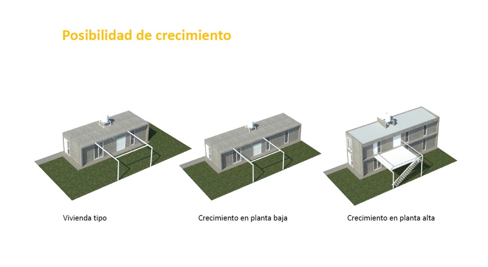 Los distintos modelos de viviendas, en sus diferentes etapas de ampliación.