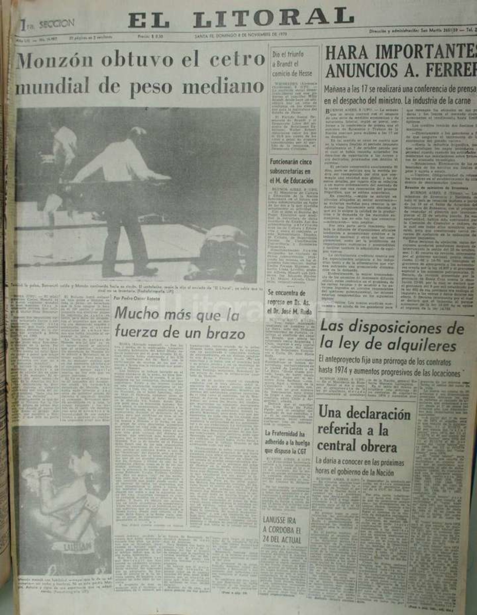 Así fue la tapa de El Litoral el 8 de noviembre de 1970.