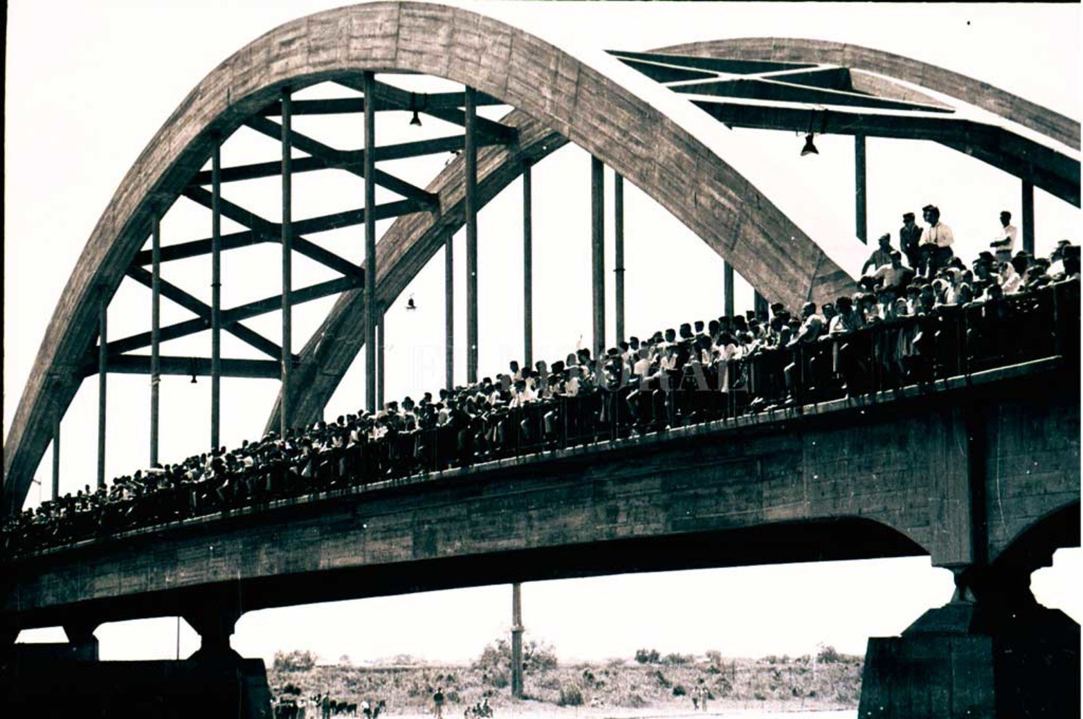 Vista única. Con el correr del tiempo, el Carretero fue adoptando otras utilidades. La presente foto muestra cuando en 1962, los vecinos lo convirtieron en un palco preferencia para ver el paso de los nadadores durante el maratón Santa Fe Coronda. En la actualidad es una práctica habitual durante este evento anual.
