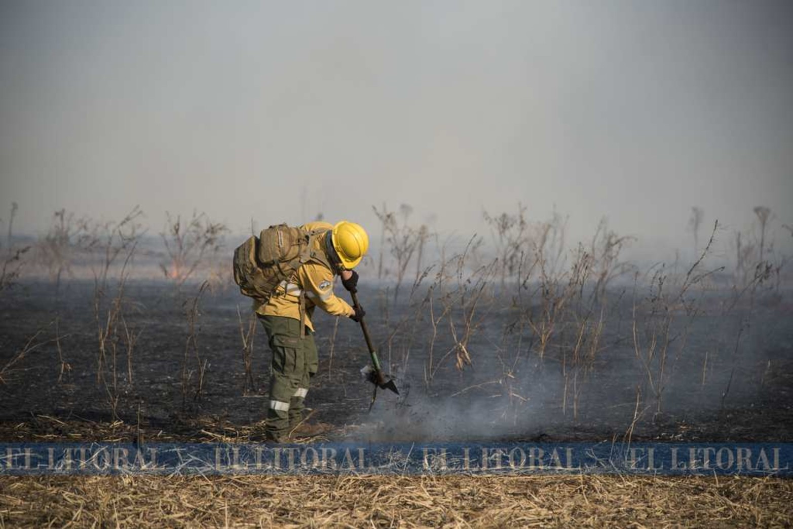1 de agosto. Un brigadista con un pico sofoca troncos para que no vuelva a prenderse fuego.