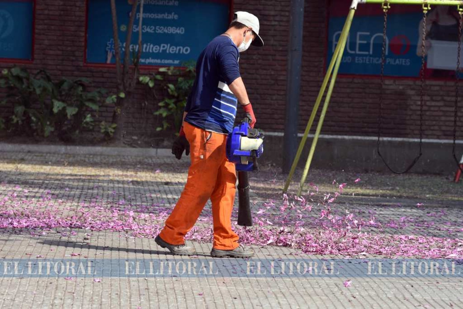 En plaza Fragata Sarmiento, Juan de Garay y San Martín, un empleado de parque y paseos corre las flores.