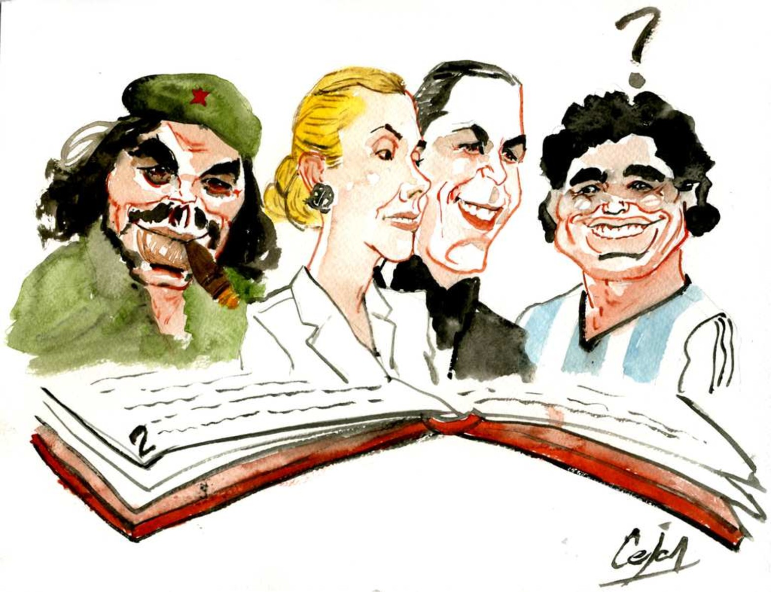 Con el Che Guevara, Eva Duarte y Juan Domingo Perón.