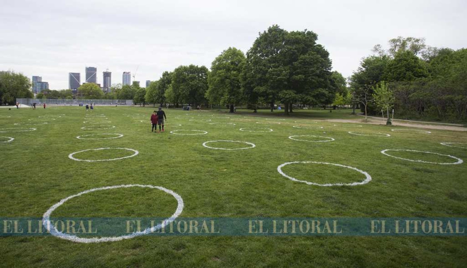 Toronto. Círculos blancos pintados sobre el pasto en el Parque Trinity Bellwoods. El Estado pintó círculos sobre el pasto como un proyecto piloto para alentar a las personas al distanciamiento físico durante el brote de la COVID-19.