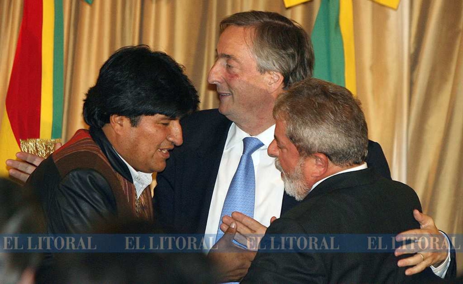 05 de mayo de 2006, en Misiones, junto a los presidentes de Bolivia Evo Morales y de Brasil Ignacio Lula Da Silva.