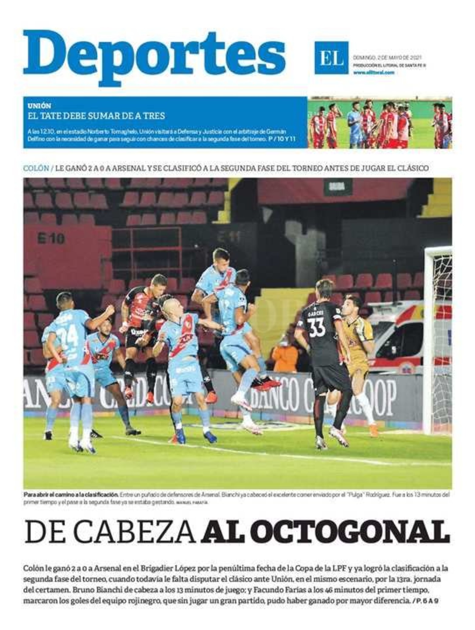 Tapa de deportes del domingo 2 de mayo. Colón jugó ese partido el viernes 30 de abril. Los 1 de mayo no se edita el diario.