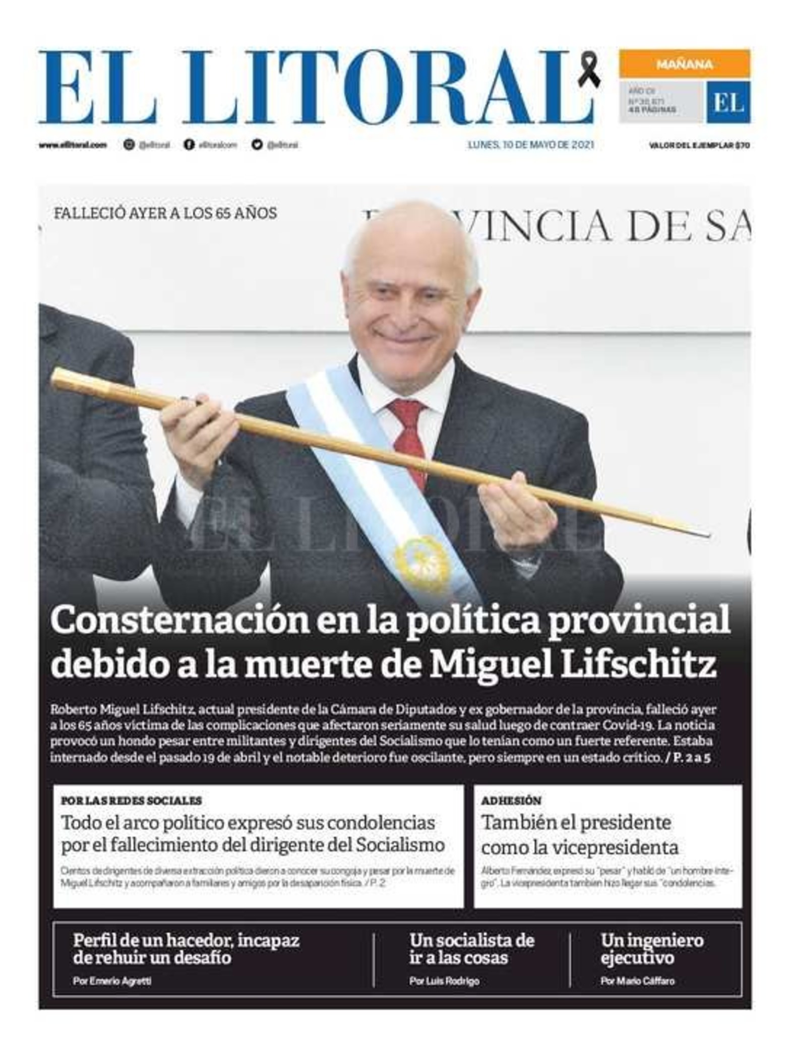 La edición impresa matutina del lunes 10 de mayo llevó en su totalidad el fallecimiento del ex gobernador Miguel Lifschitz por coronavirus.