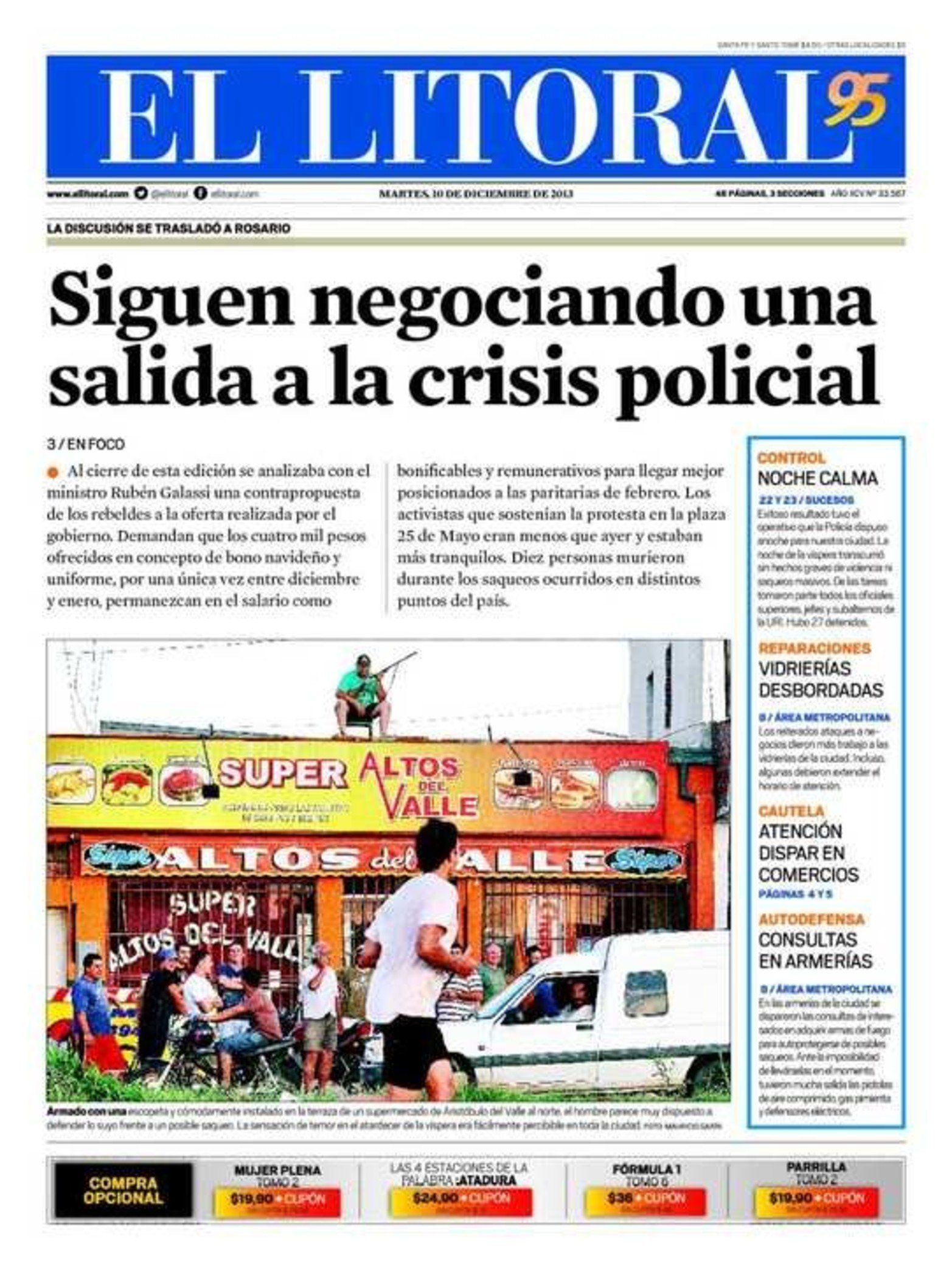 El martes 10 de diciembre de 2013, la tapa de diario El Litoral.