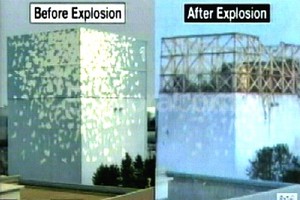 EFE La imagen comparativa difundida por la TV muestra el daño causado en el reactor 4 tras la explosión.