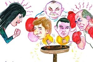 Ilustración: Lucas Cejas Asediados. En el centro, Pignata y Martínez Kerz; a la izquierda Oddi, arriba Rodríguez y a la derecha Simoniello.