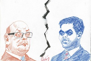 Ilustración: Lucas Cejas Polémica a lápiz. Los concejales Mariano Cejas (radical) y Juan J. Saleme (justicialista), separados por un pincelazo que se parece a un  carril .