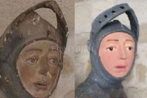 Captura digital Antes y después de la restauración de la talla de San Jorge.