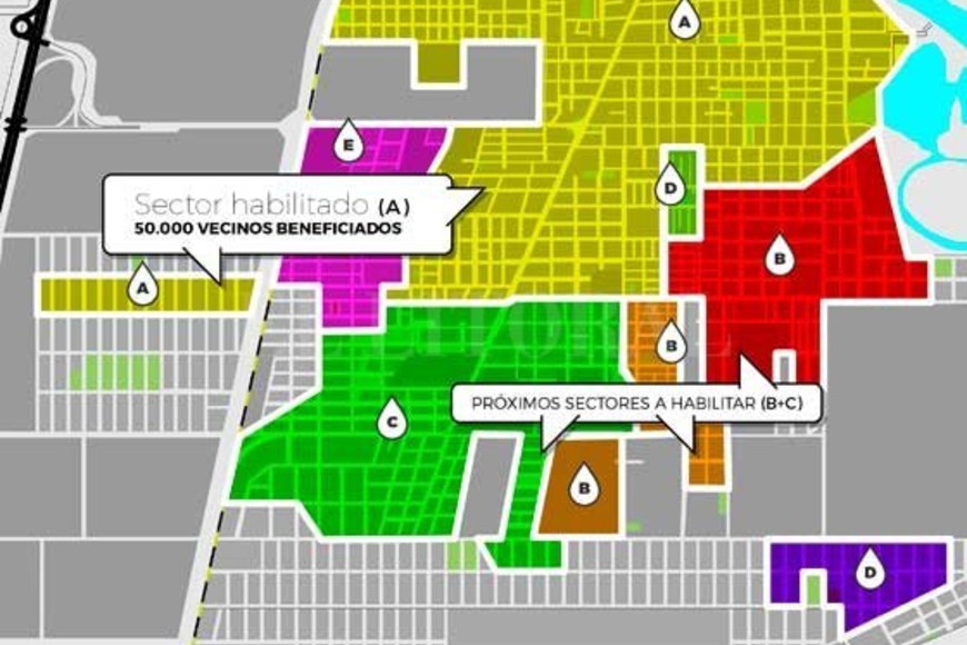 ELLITORAL_204838 |  Municipalidad de Santo Tomé En el plano. En distintos colores se distinguen las zonas de cobertura abarcadas por las cisternas que componen el Acueducto Desvío Arijón, las que están señaladas por una gota identificada a su vez por una letra (las existentes y proyectadas). Tres están terminadas, una de ellas en servicio.