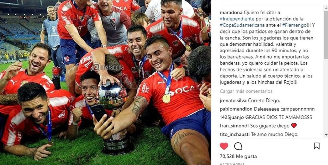 Maradona felicitó a Independiente en Instagram