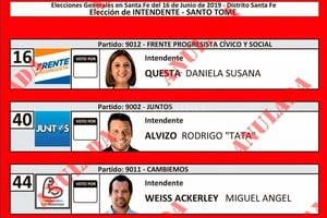 ELLITORAL_250495 |  Tribunal Electoral Santa Fe En la boleta para Intendente, aparecen Daniela Qüesta, Rodrigo Alvizo y Miguel Weiss Ackerley.