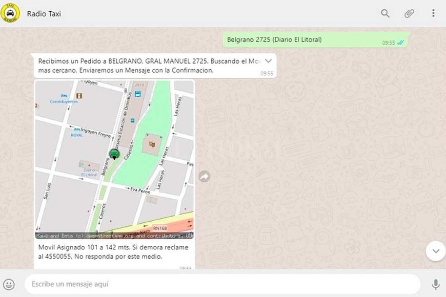ELLITORAL_254711 |  El Litoral Captura de pantalla. Así es el chat de WhatsApp de Radio Taxi. El cliente indica su ubicación y recibe la respuesta de inmediato.