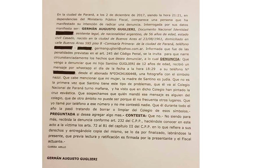 ELLITORAL_197484 |  Facebook - Germán Gluglieri La denuncia.