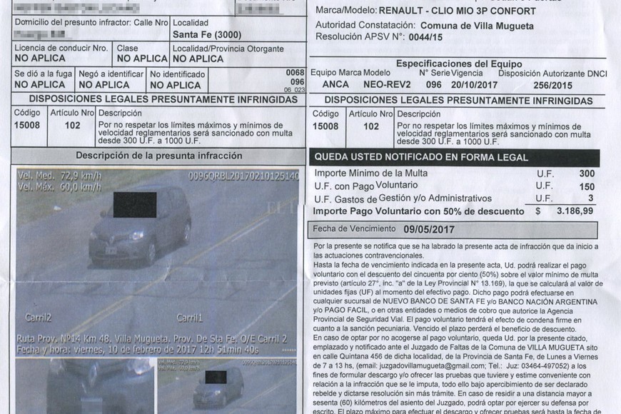 ELLITORAL_192329 | Captura digital El Litoral Acta. $3.186,99 pesos por haber cruzado por un radar de la APSV a 72,90 km/h (máxima 60 km/h) en la localidad de Villa Mugueta.