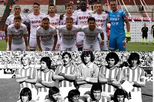 ELLITORAL_227068 |  El Litoral El Unión que le ganó a Argentinos y el equipo de 1979: De pie: Regenhardt, Hugo López, Cárdenas, Pumpido, Telch y Mazzoni. Agachados: Ribeca, Alberto, Paz, Pitarch y Alí.