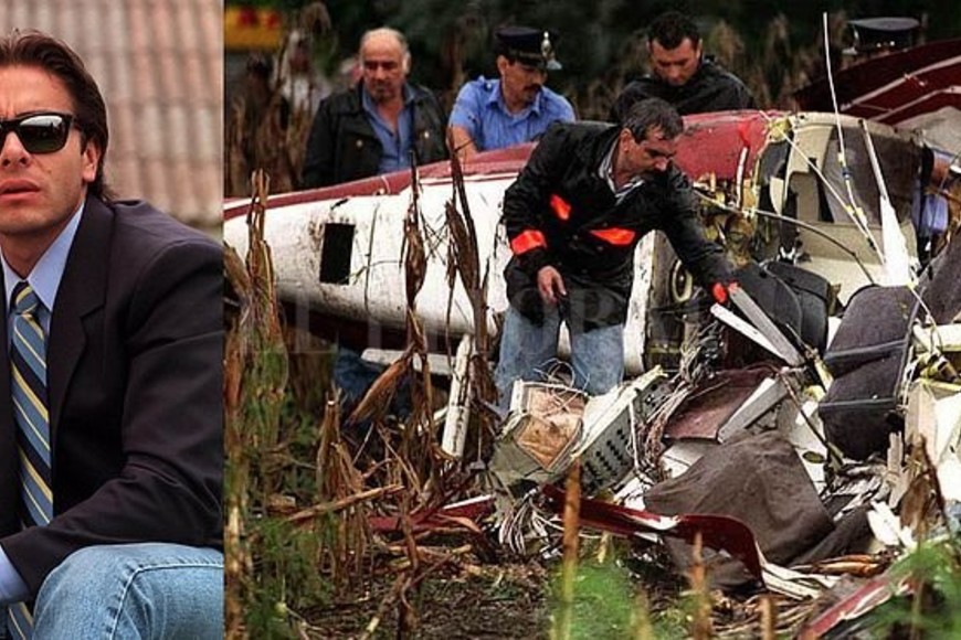 ELLITORAL_183134 |  DyN Menem Jr. y el helícoptero siniestrado en el que él y Silvio Oltra perdieron la vida en 1995.