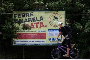ELLITORAL_201480 |  Agencia EFE Un joven pasa en bicicleta frente a un cartel que invita a la ciudadanía a vacunarse contra la fiebre amarilla, en el municipio de Mairiporã, en Sao Paulo (Brasil). Al menos 15 personas han muerto por fiebre amarilla en Minas Gerais, el segundo estado más poblado de Brasil y el más afectado por la enfermedad.